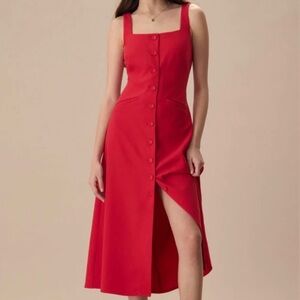NWT Rihoas Square Neck Pocket Midi Red Button-Down Dress